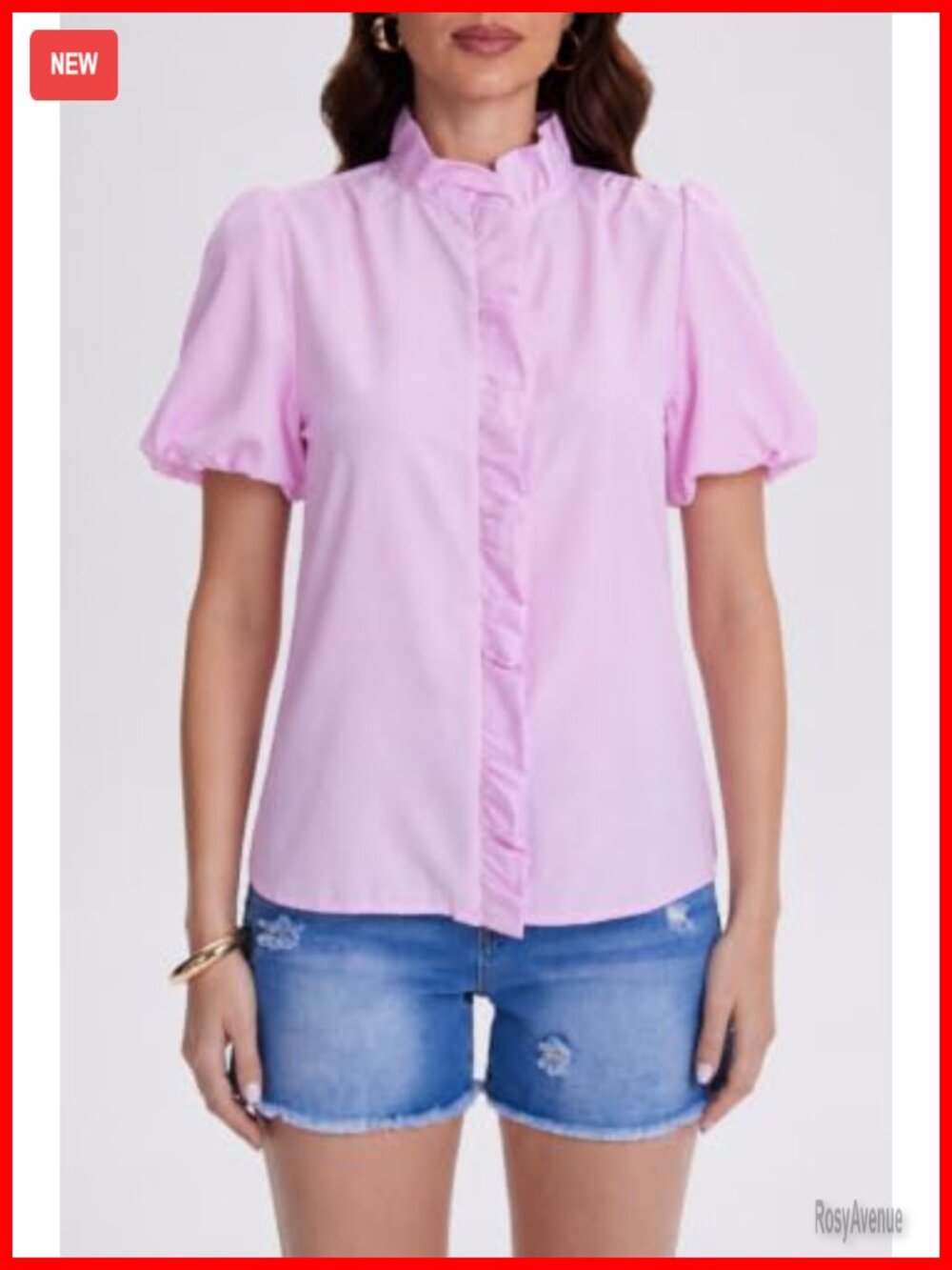 Short Puff Sleeve Button Down Blouse Ruffle Stand Collar Business Casual Preppy - Picture 3 of 6